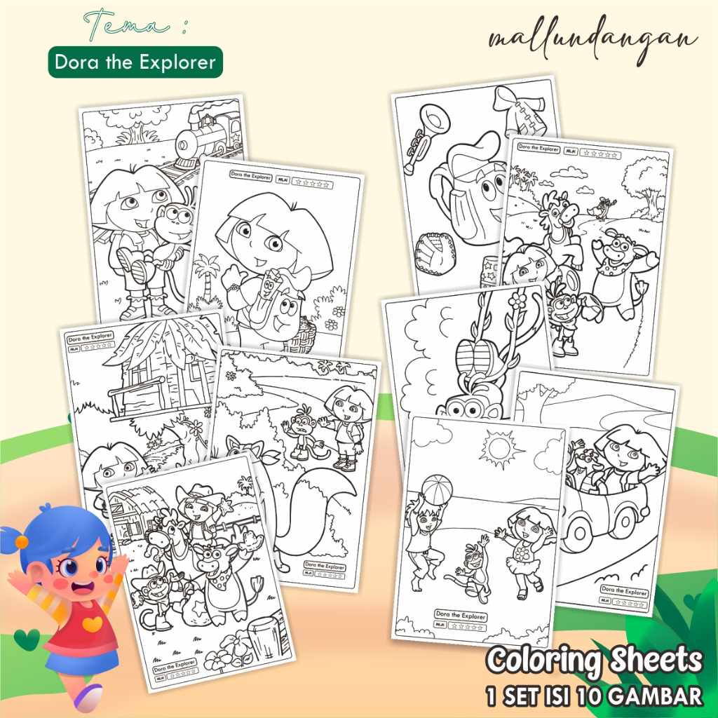 

LEMBARAN MEWARNAI ANAK A4 - KERTAS GAMBAR UNTUK ANAK TEMA DORA THE EXPLORER - PAPER COLORING SHEETS FOR KIDS