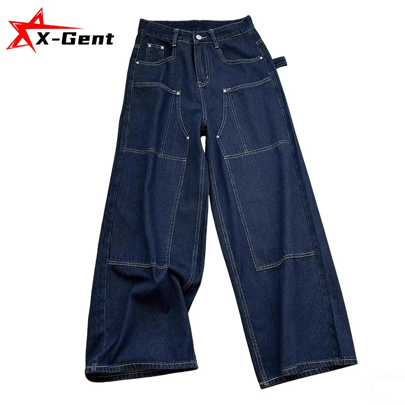 X-gent celana gombrong jeans biru tua pria/wanita unisex panjang denim selvedge baggy cargo pants