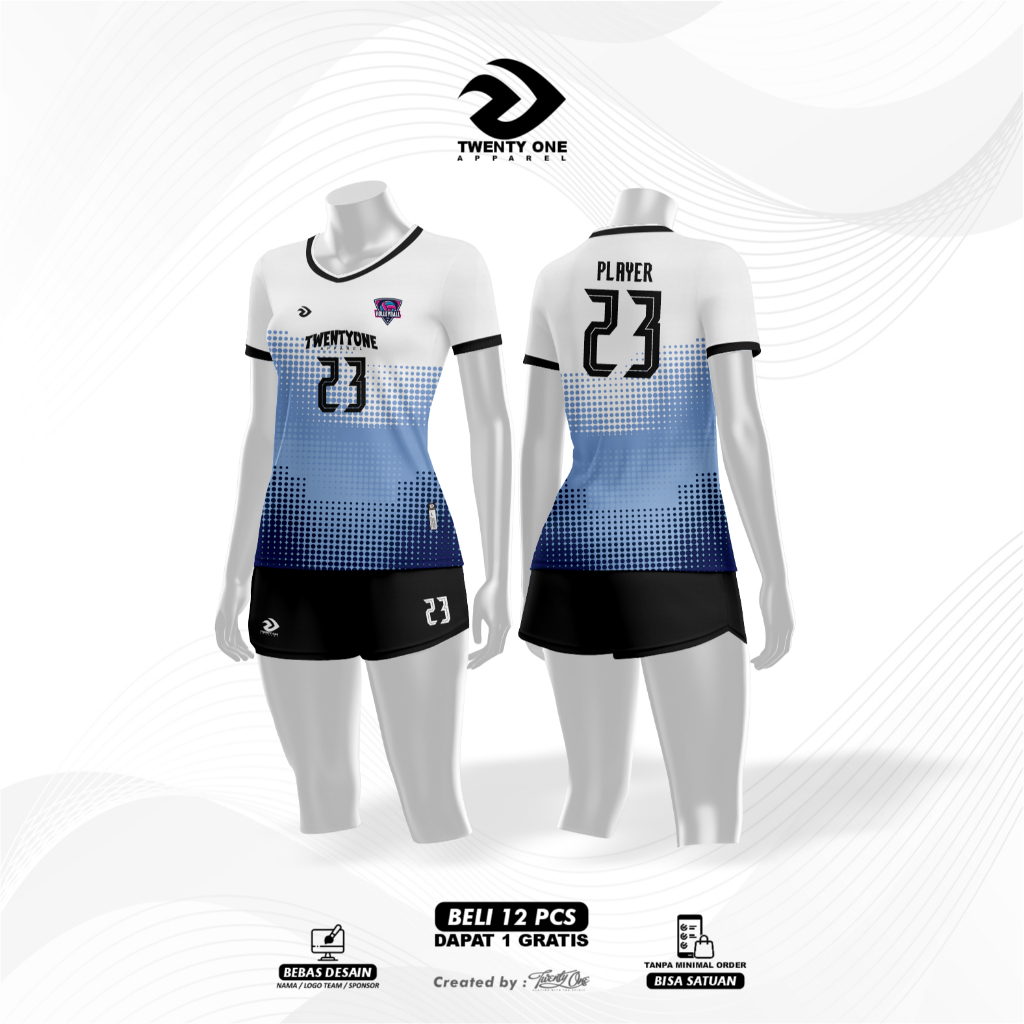 Baju Kaos Jersey Volley Voli Wanita Custom Nama Logo Tim Sponsor Full Print