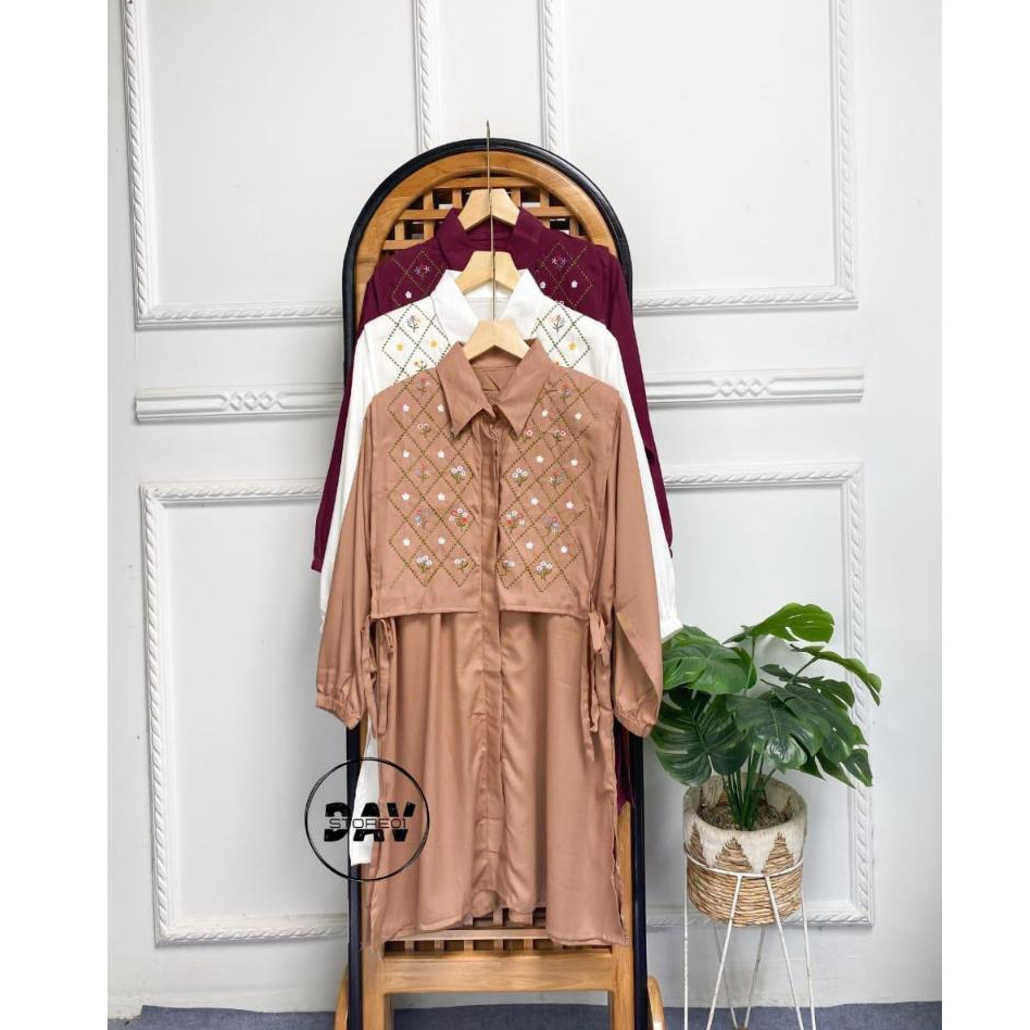 Baju Tunik Shavia Tunik Bordir Rayon Twill Motif Rompi Atasan Wanita Muslim Panjang
