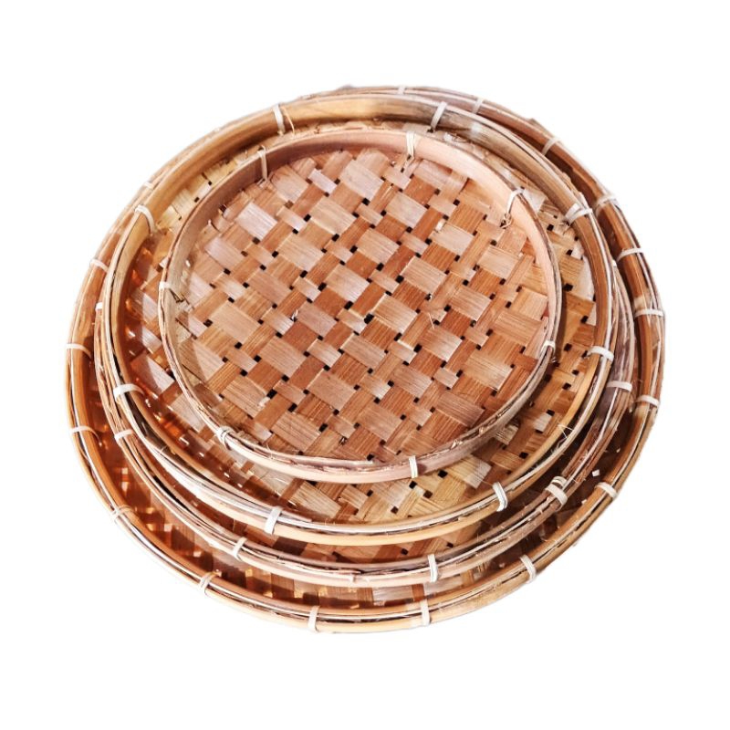 Piring bambu bulat - 1 set piring bambu - nampan bambu - alat penyaji makanan - piring anyaman