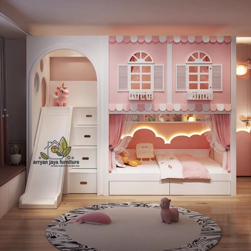 tempat tidur tingkat anak, kasur tingkat, ranjang susun anak perosotan