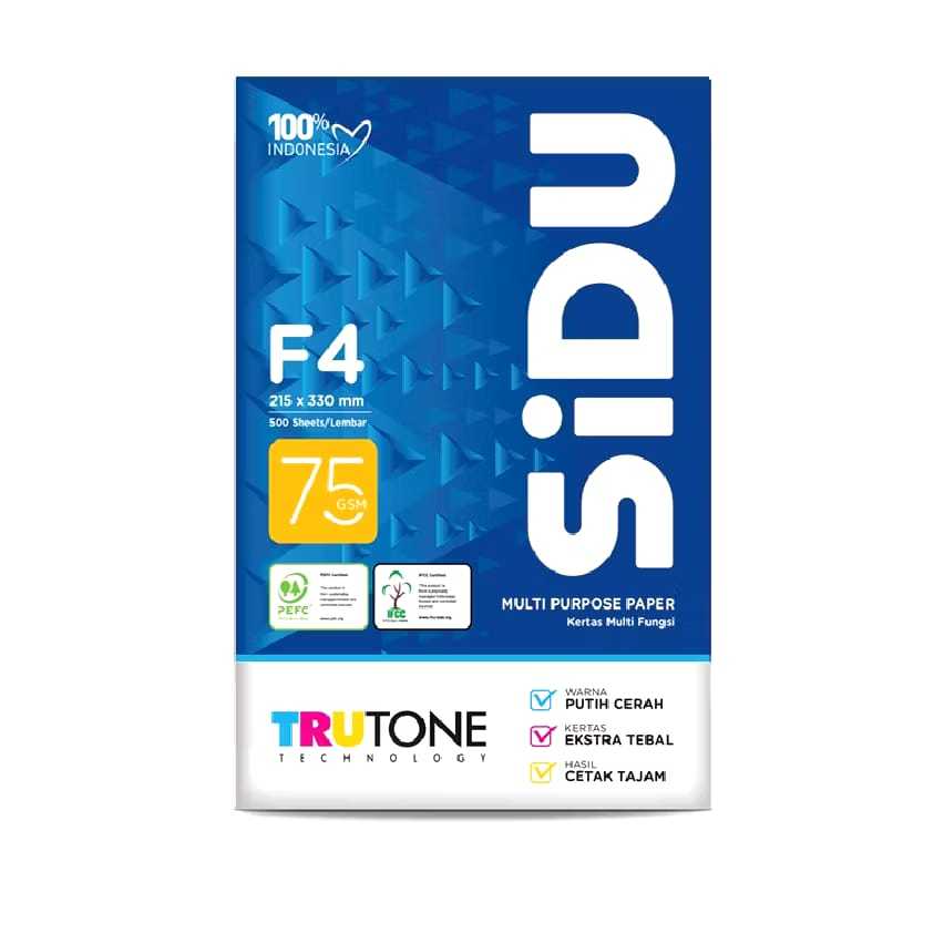 

Kertas HVS F4 Folio 70GR/75GR SIDU Sinar Dunia 500 Lembar / Kertas HVS F4 1 Rim