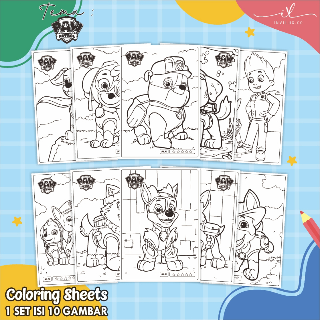 

[A4 - PAW PATROL] KERTAS GAMBAR UNTUK ANAK - LEMBAR MEWARNAI ANAK 1 SET ISI 10 LEMBAR GAMBAR