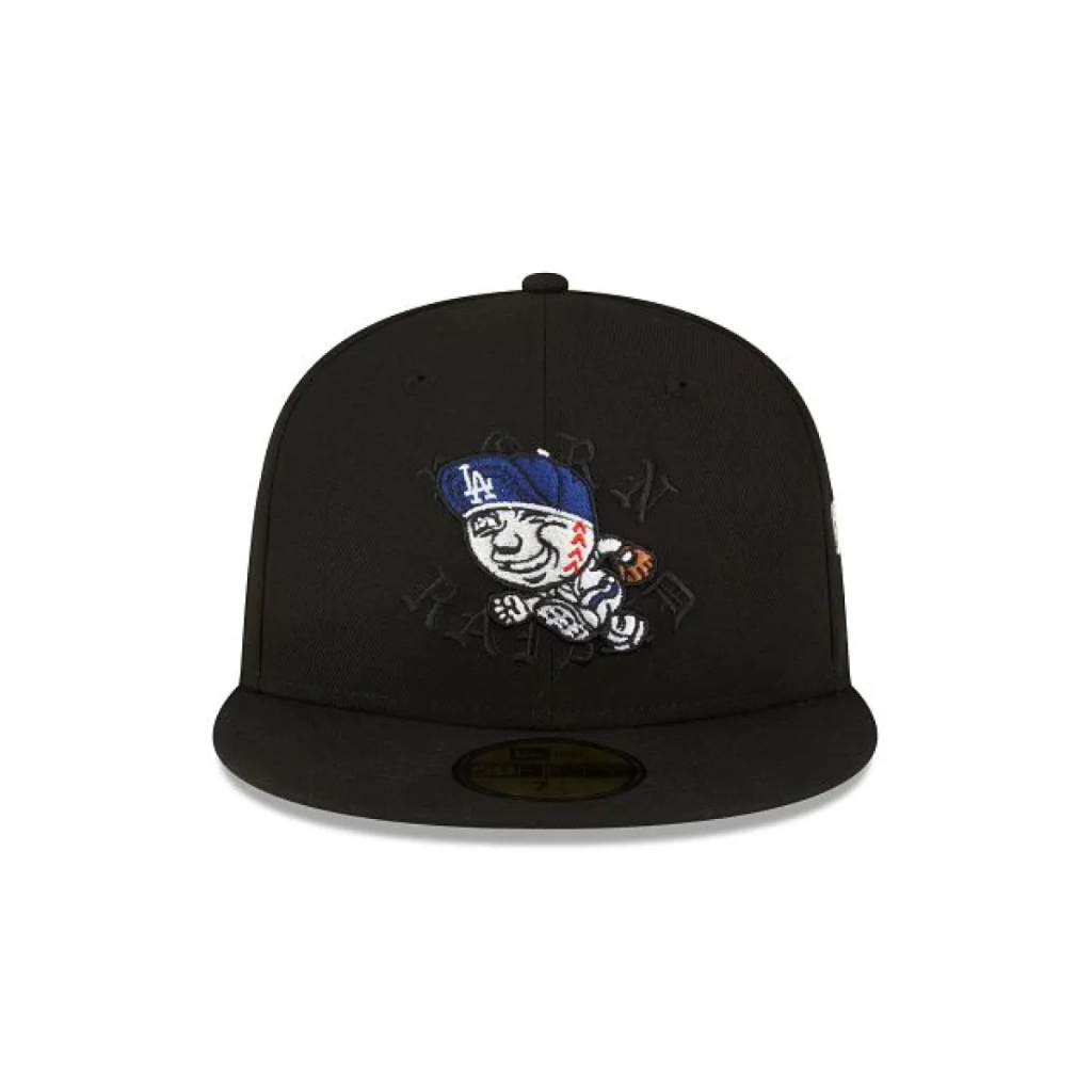 Topi Snapback Fitted Born x Raised X Mister Cartoon Los Angeles Black White Bordir Build Up Caps