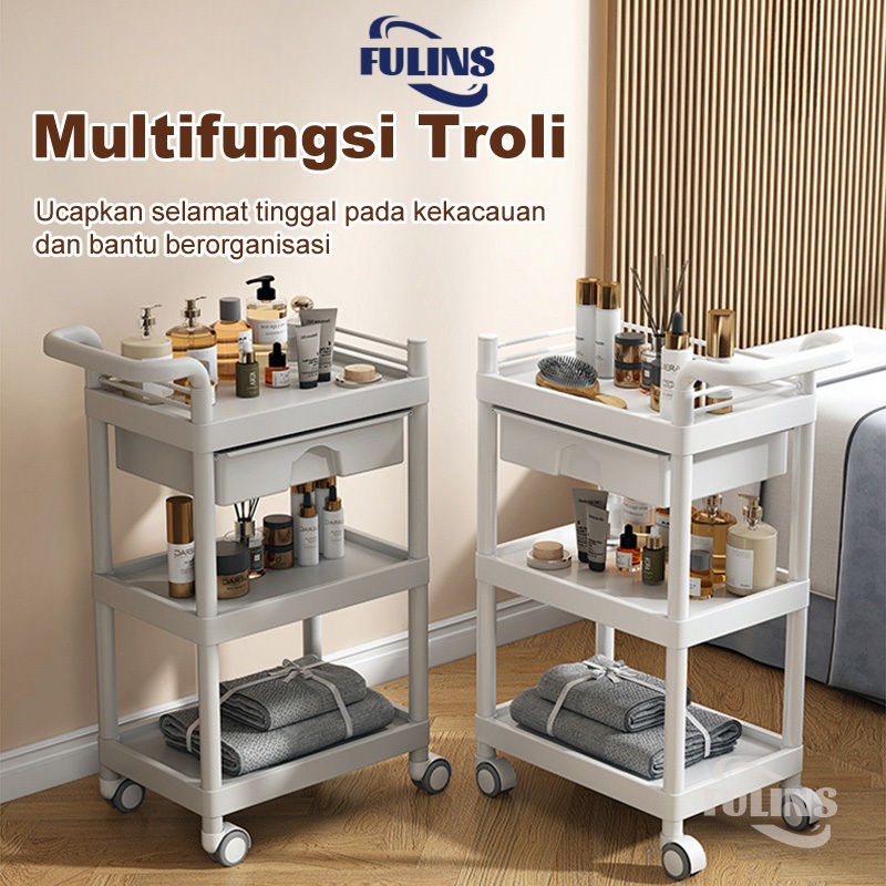 Troli 3 Tingkat Trolley Salon Trolley Putih Rak Penyimpanan Multifungsi Dengan Roda