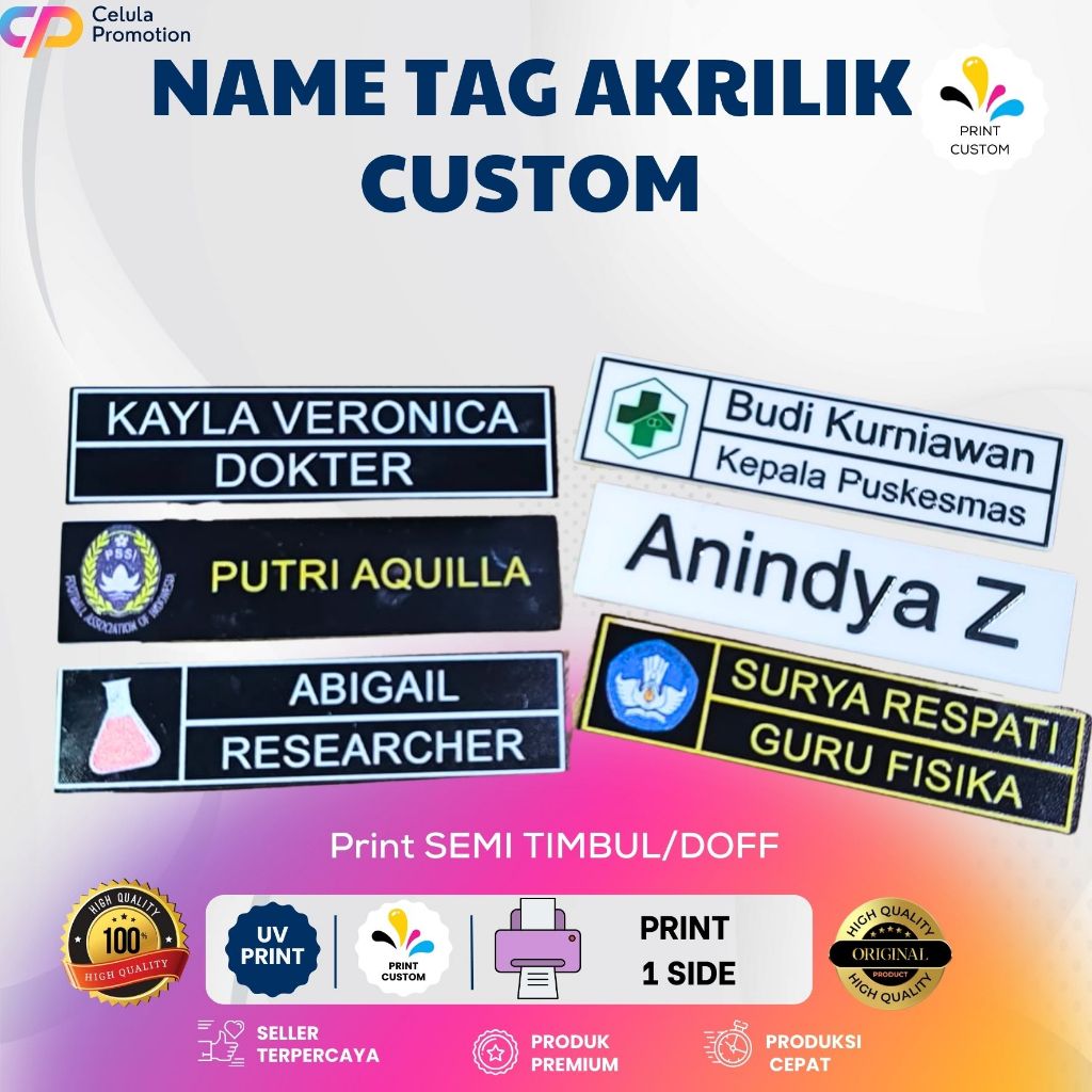 

Name tag Custom Papan Nama Dada Akrilik Print UV Kait peniti atau magnet Cetak semi timbul