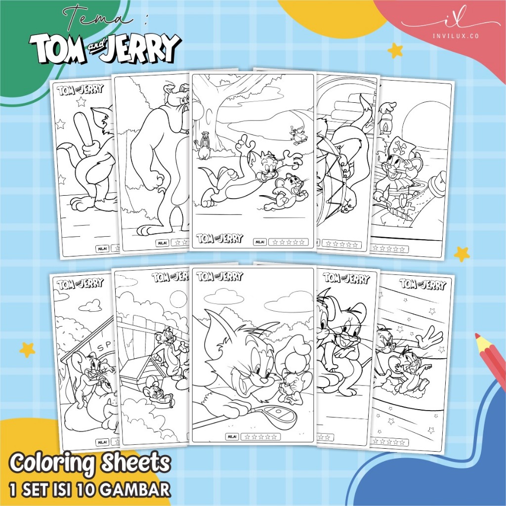 

[A4 - TOM & JERRY] KERTAS GAMBAR UNTUK ANAK - LEMBAR MEWARNAI ANAK 1 SET ISI 10 LEMBAR GAMBAR