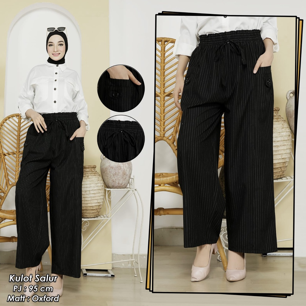 Kulot Standar Salur Tali Serut Bahan Oxford - Celana Panjang Wanita Motif Salur Fit Jumbo