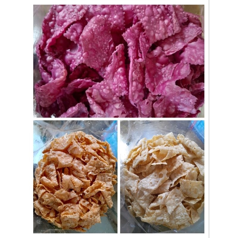 

Kerupuk Bawang Pangsit Rasa Original Pedas dan Ubi Ungu kemasan 500gr