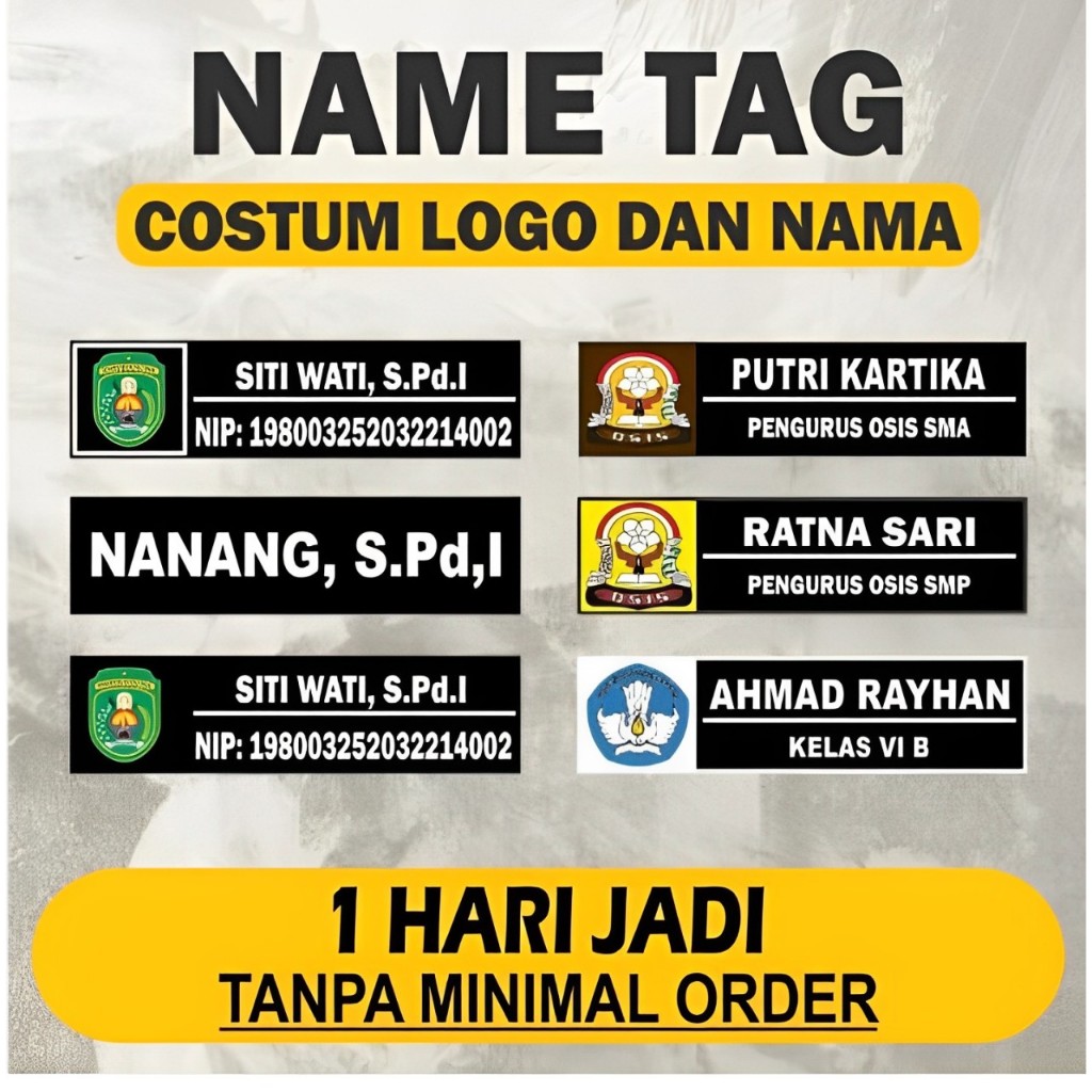 

Name Tag /Nama Dada /Akrilik-Kuningan-Stainless-Peniti-Magnet