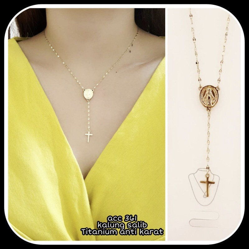 kalung salib rosario juntai titanium gold elegan trending fashion korea premium