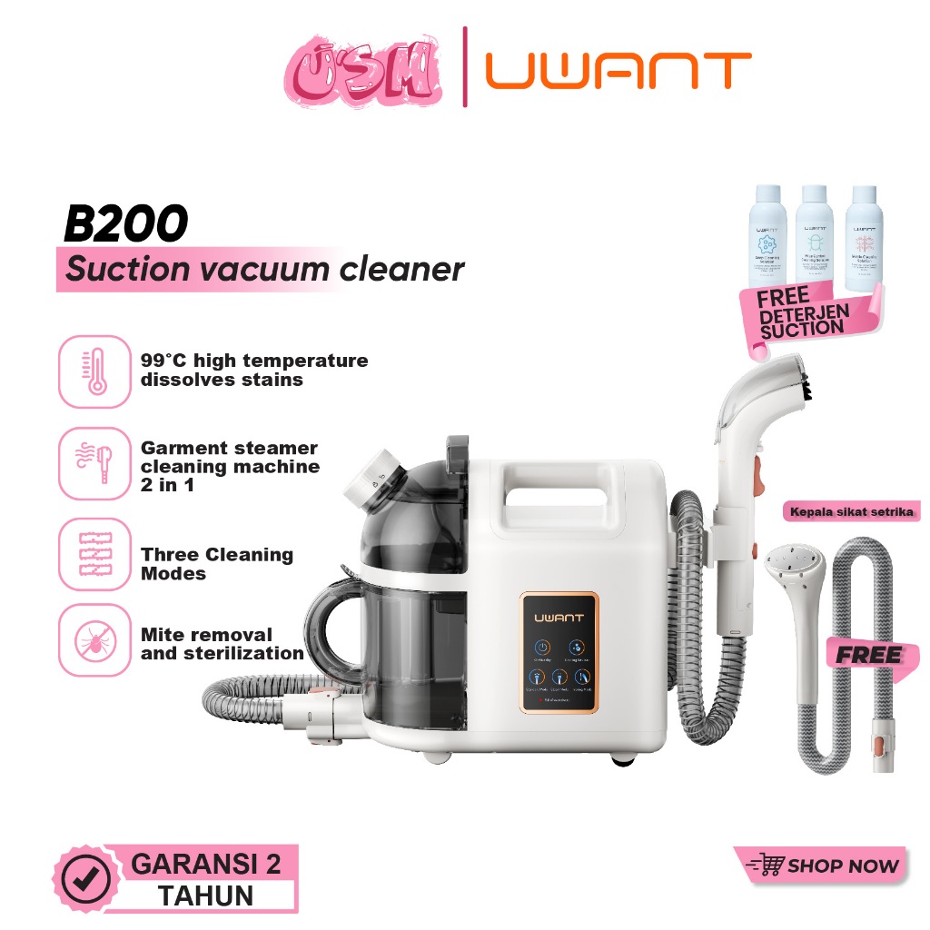 Uwant B200 Suction Wet Vacuum Cleaner 12Kpa Steam Spot Cleaner Mesin Pembersih Kain Garment Steamer