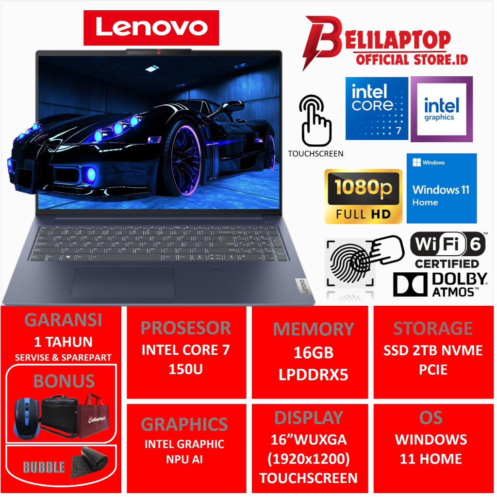 Laptop Kerja  Lenovo Ideapad Slim 5i 16IRU9 INTEL CORE 7 150U RAM 16GB DDR5 16"WUXGA TOUCHSCREEN