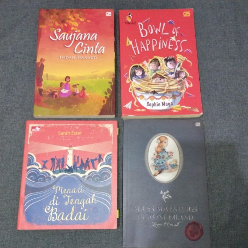 preloved murah original buku novel saujana cinta, bowl of happiness, menari ditengah badai, alice ad