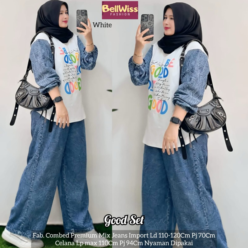 good one set wanita kekinian by belwis one set jumbo ld 120 kaos oversize bigsize kaos jeans by belw