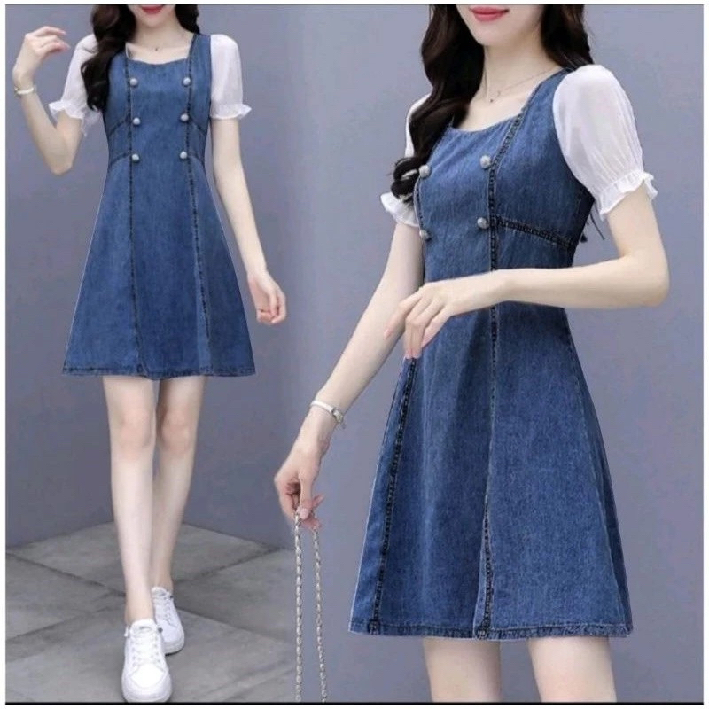 Dress Jeans Wanita Kombinasi Katun Lengan Pendek Bahan Denim Soft Premium Kasual Simpel