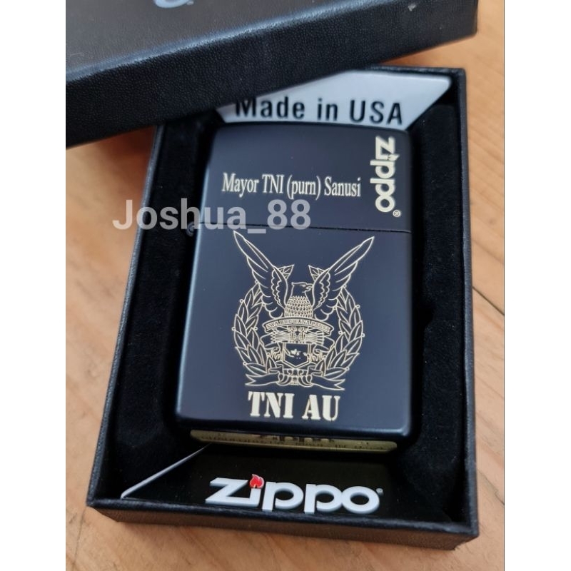 Zippo Custom Korek Api Ukir Logo TNI AU Black Matte Bisa Ukir Nama Logo Sendiri