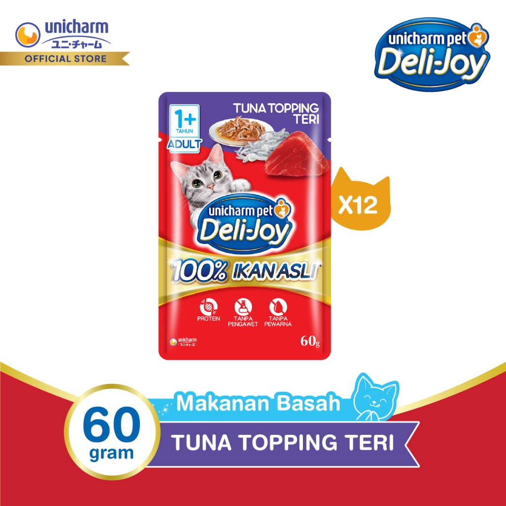Deli-Joy Makanan Kucing Basah Pouch Adult Tuna Topping Teri 60g - 12 Packs