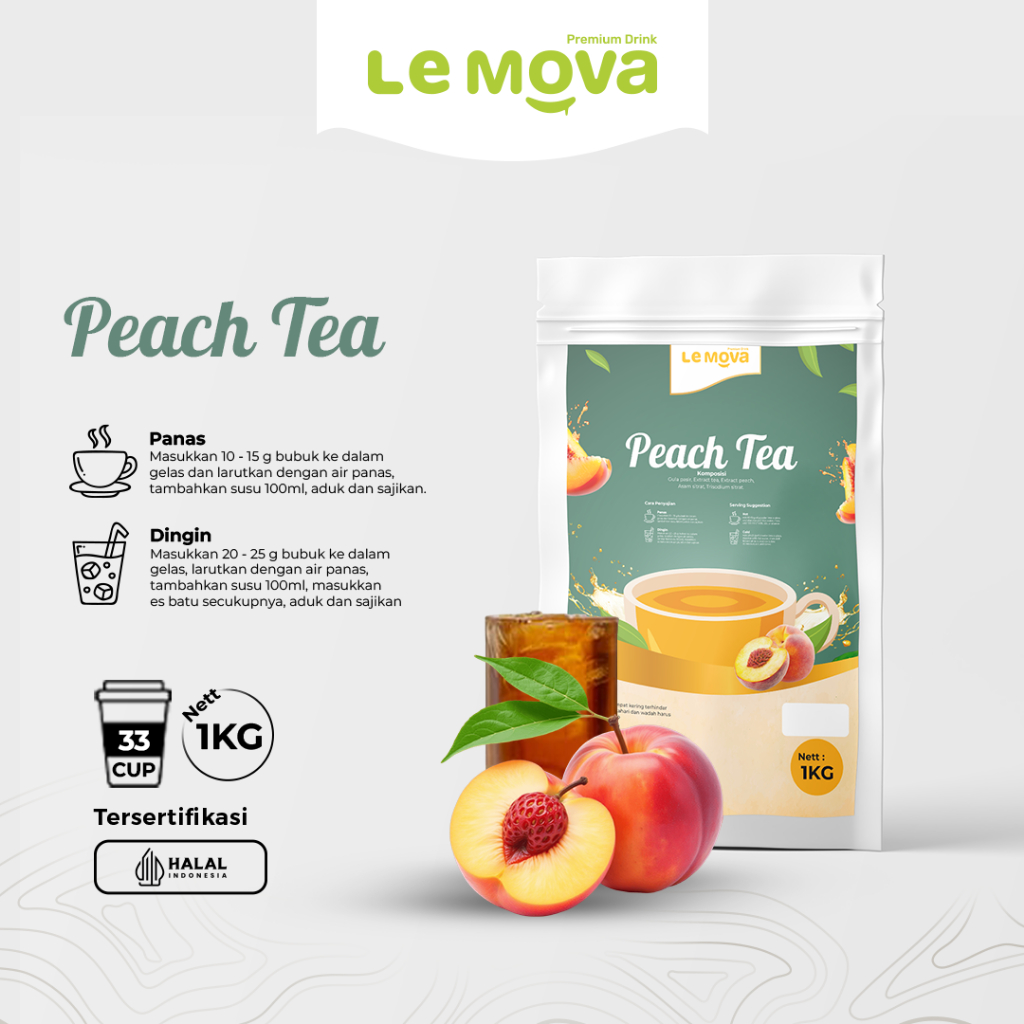 

LeMova Peach Tea 1KG Bubuk Powder Minuman Teh Rasa Persik Halal