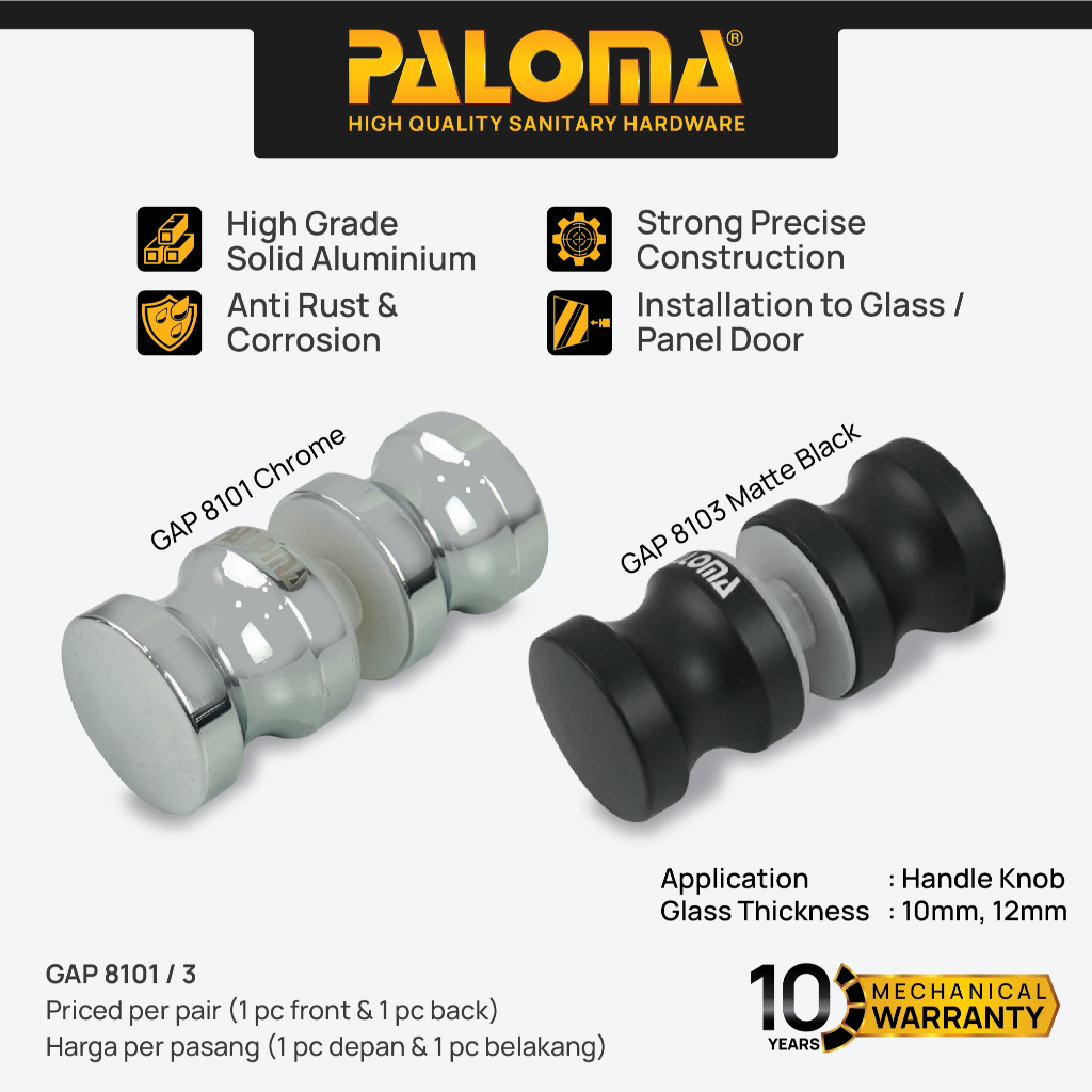 PALOMA Gagang Knob Pintu Kaca Gagang Tarikan Glass Door Shower Cublicle Box Kamar Mandi Bathroom Alu