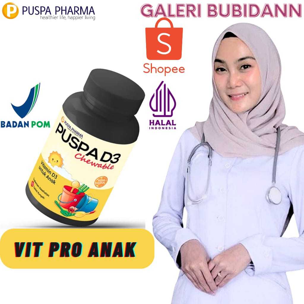Vit Pro Anak Bubidann - Puspa D3 Chewable 400 IU - Rasa Jeruk - Isi 60 Tablet Kunyah - SUDAH BPOM DA