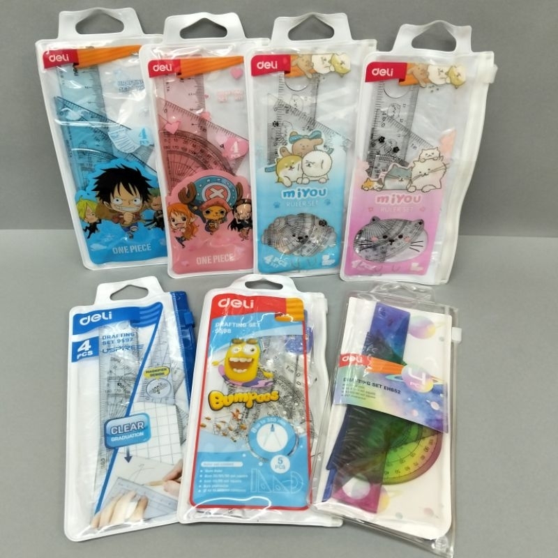 

Deli Set Penggaris Isi 4 Pcs Packaging Zip Bag / Deli Set Penggaris + Jangka Sekolah / Penggaris Busur Derajat / Penggaris Sekolah Desain Lucu One piece Miyou