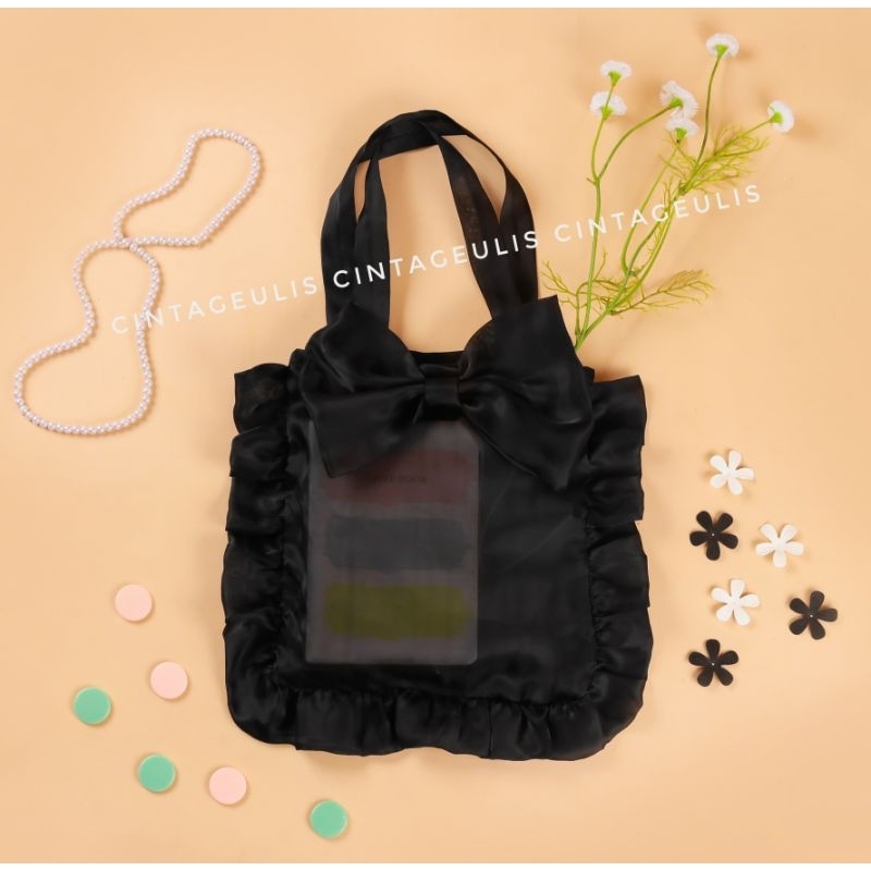 Ready,, Akemi Ruffle Organza Totebag, tas organza, transparan bag, terdapat hiasan pita besar