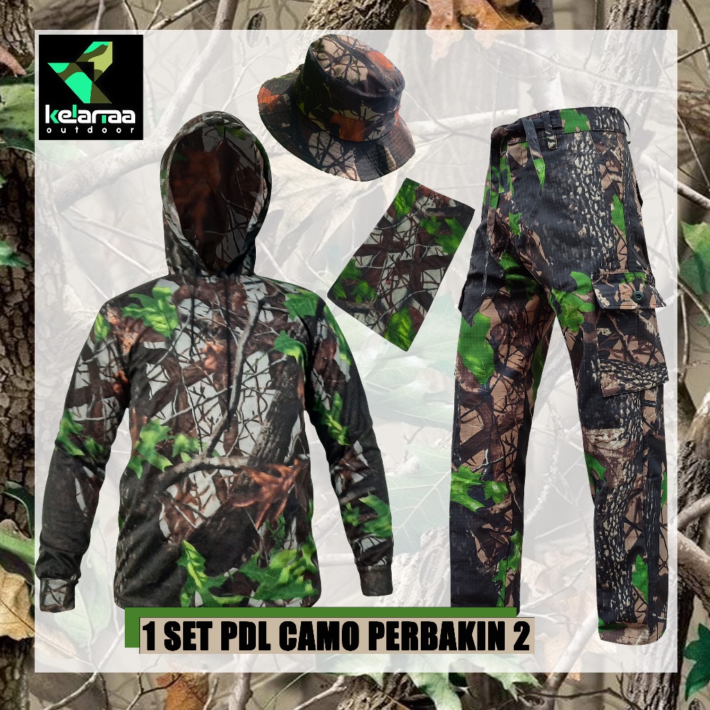 SETELAN BAJU KAOS HOODIE CELANA TOPI KAMUFLASE CAMO PERBAKIN HUNTING BERBURU SATU SET BERBURU PRIA