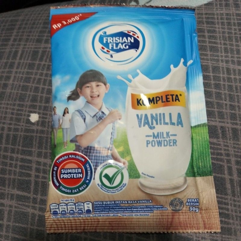 

3 bungkus susu bubuk Frisian Flag Kompleta Sachet rasa cokelat atau vanilla 35g