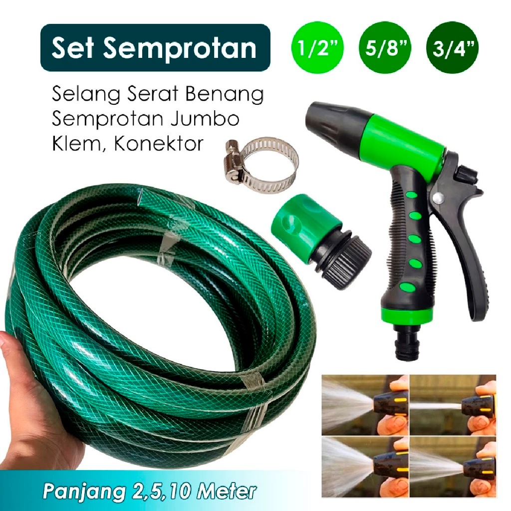 GBS - Paket Selang Air Hijau Anti Lumut 2 Meter, 5 Meter, 10 Meter - Selang Air Plus Kepala Selang S