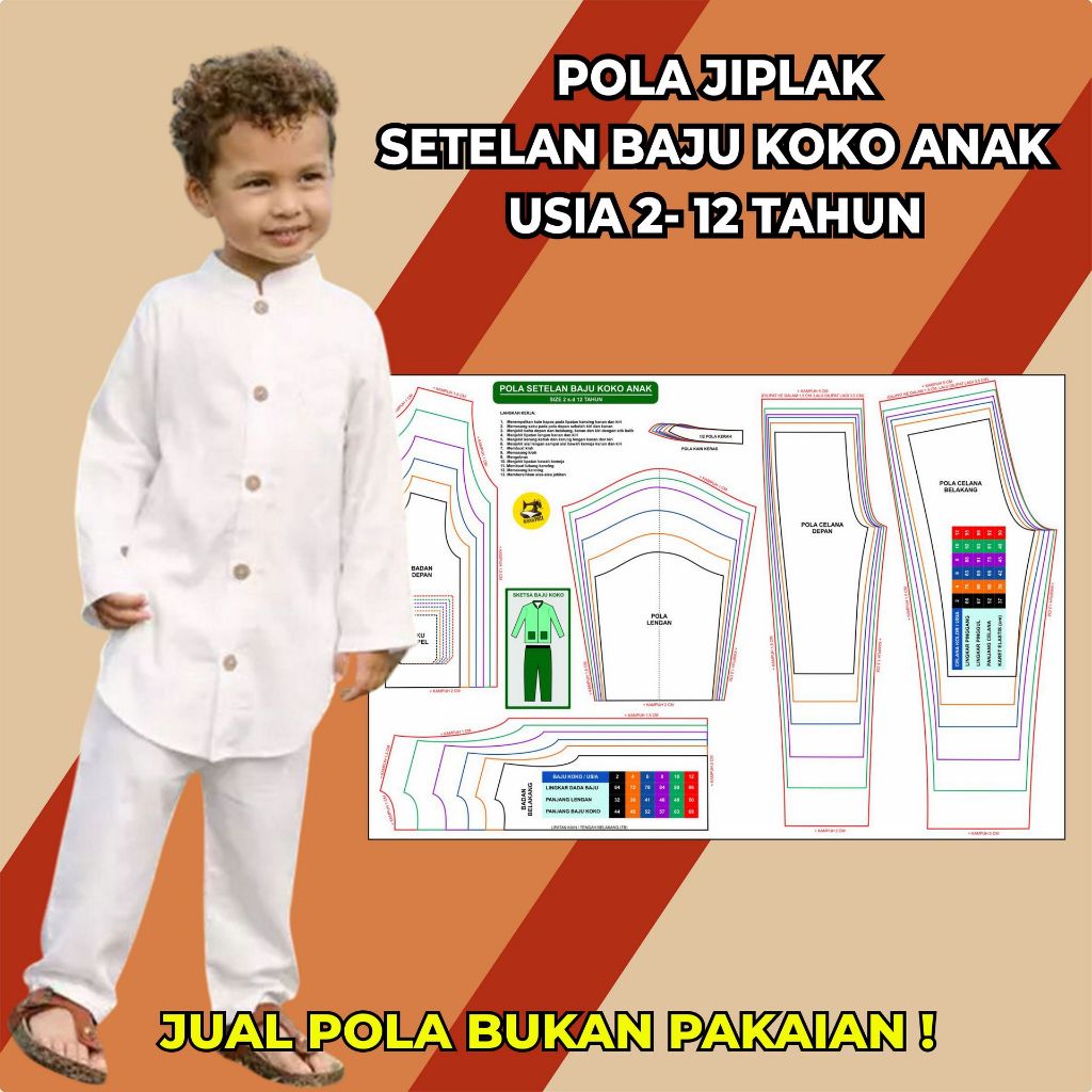 POLA JIPLAK SETELAN BAJU KOKO ANAK | Pola Jiplak Setelan Kemeja Koko & Celana Kolor Anak 2~12 tahun