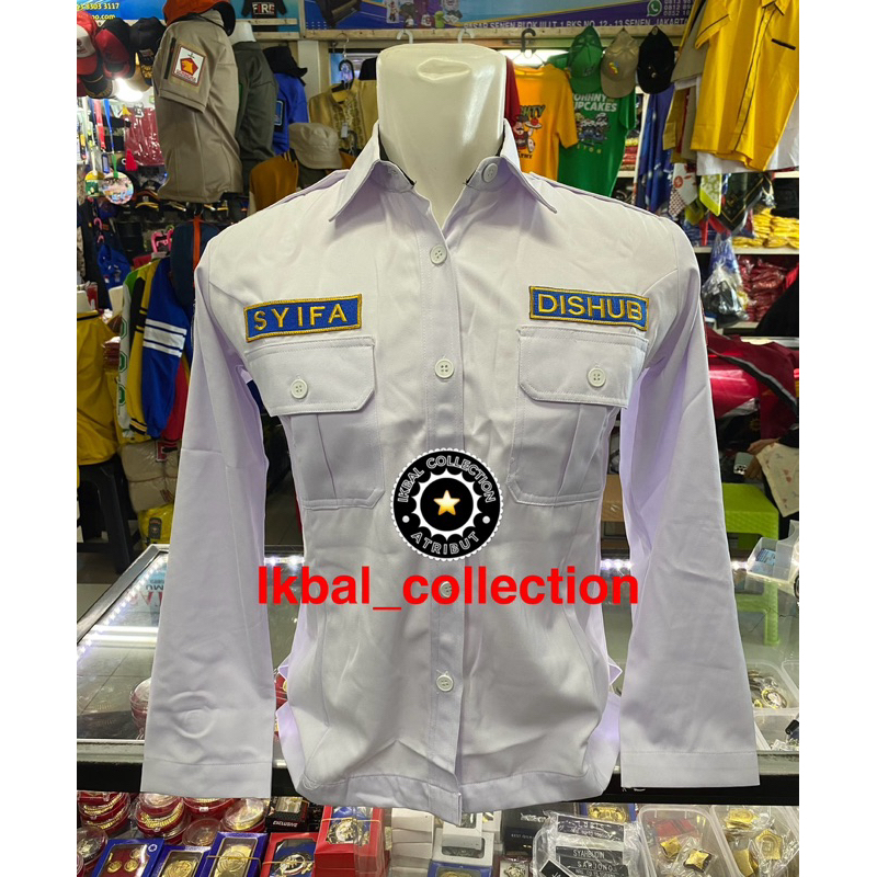 SERAGAM PDH DISHUB WANITA PANJANG KERAH BERDIRI (BAHAN GRANADA/TXSAS) BAJU PUTIH DISHUB WANITA / KEM