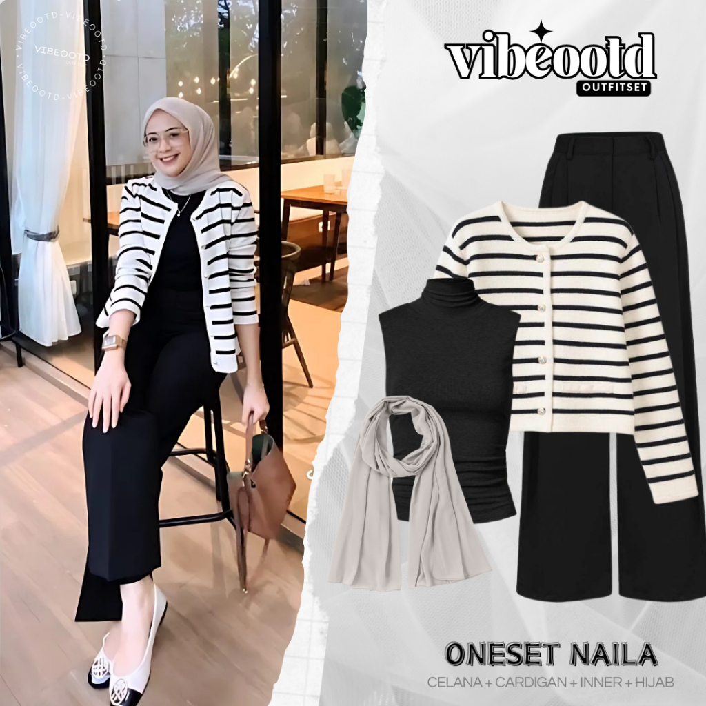 Naila Outfit Set Wanita Hijab ( Celana Kulot  + Cardigan Stripe + Inner + Bella Square )Setelan Ootd
