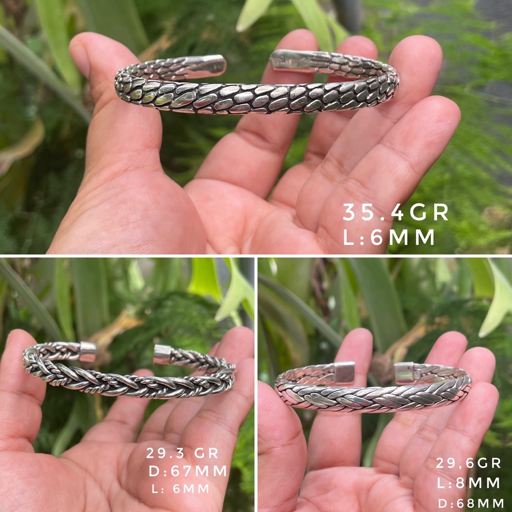 Gelang Bracelet Cuff Perak Silver Bali asli 925 motif Bebatuan Anyam Tali air etnik klasik pria wani