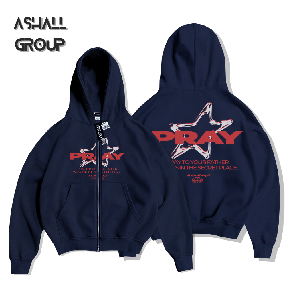 Sweater Jaket Hoodie Zipper Pria Wanita Warna Navy Motif Pray | Hoodie Zipper Boxy...