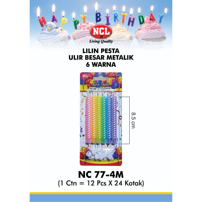Lilin ulang tahun NCL/Lilin Ulir Metalik/Lilin metalik besar/Lilin warna warni