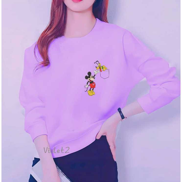 KAOS ATASAN WANITA LENGAN PANJANG DEWASA TRENDY MOTIF KANTONG MICKEY MOUSE