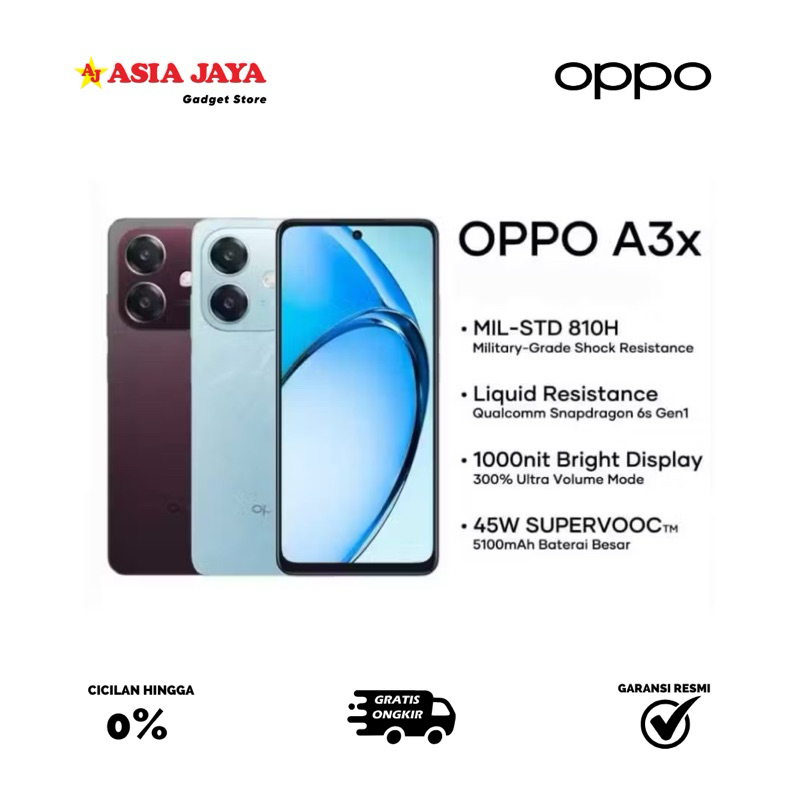 [Ex Display] OPPO A3x Ram 4+4GB/128GB [45W SUPERVOOC, Qualcomm Snapdragon 6s 4G Gen1, 1000nit Ultra 