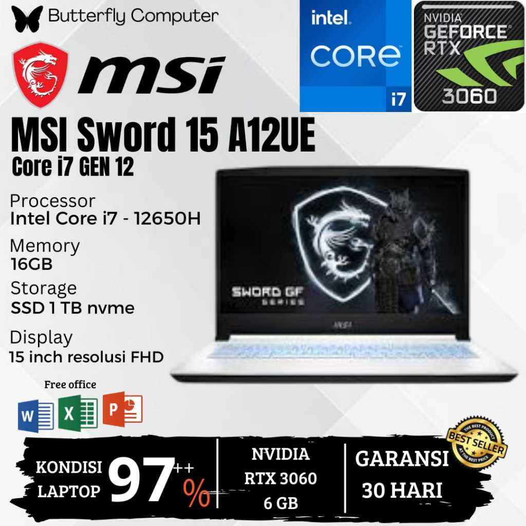 Laptop GAMING MSI Sword 15 A12UE Core i7 Gen 12 - RAM 16GB SSD 1TB - NVIDIA RTX 3060 6GB - 15 inch -