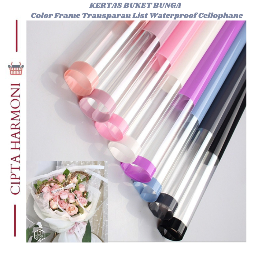 

20 LEMBAR Flower Wrapping Paper Color Frame Transparan List Waterproof Kertas Buket Cellophane KB115
