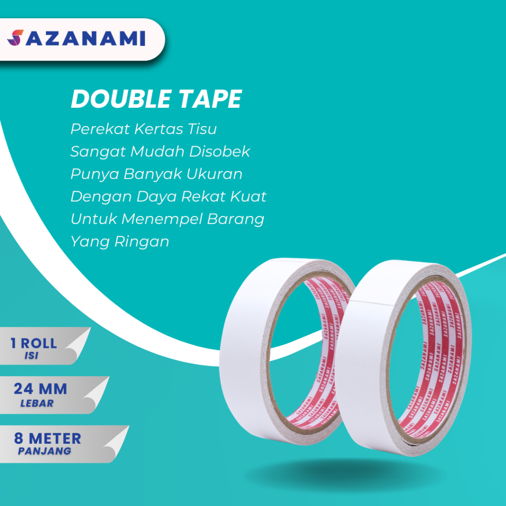 

DOUBLE TAPE KERTAS 1" 24MM X 8M SAZANAMI DOUBLE SIDED TAPE