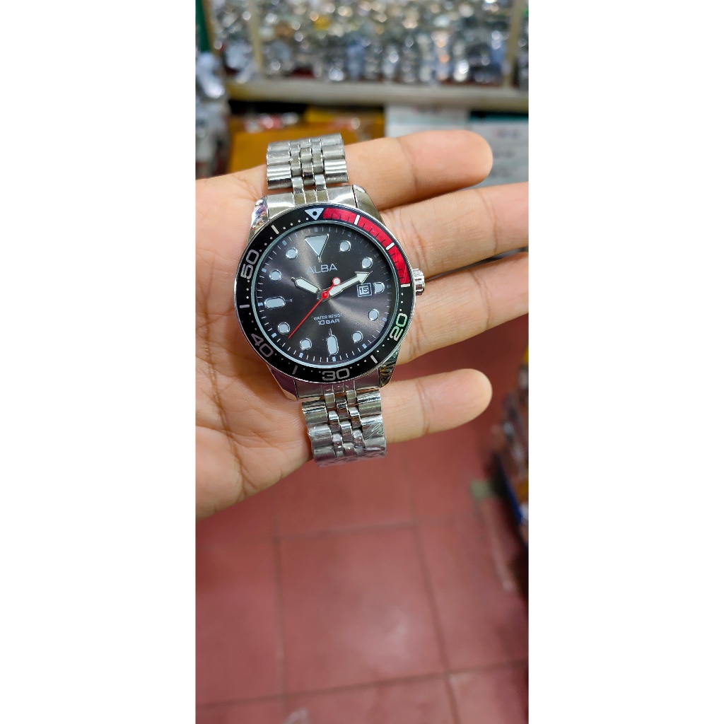 jam tangan pria Alba quartz stenlis steel dialhitam jam klasik pria