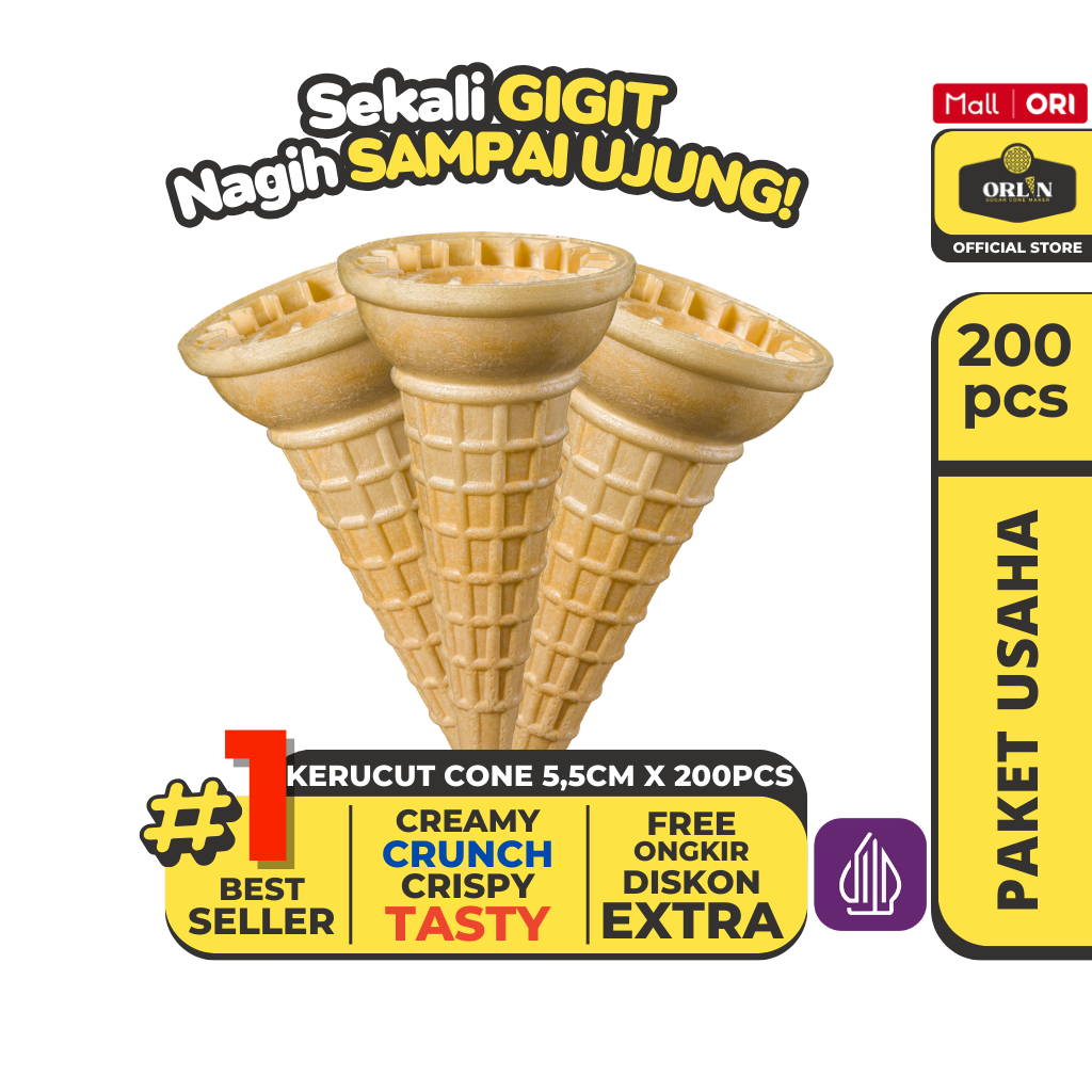 

ORLIN Paket Usaha Wafer Cup Cone Kerucut 5,5cm x 12cm Isi 200pcs Sekali Gigit, Nagih Sampai Ujung