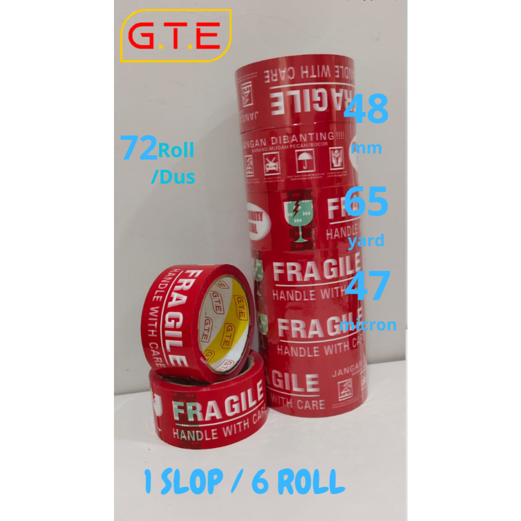 

6 PCS (1 SLOP) G.T.E LAKBAN FRAGILE MERAH 48MM X 65YARD X 47MICRON