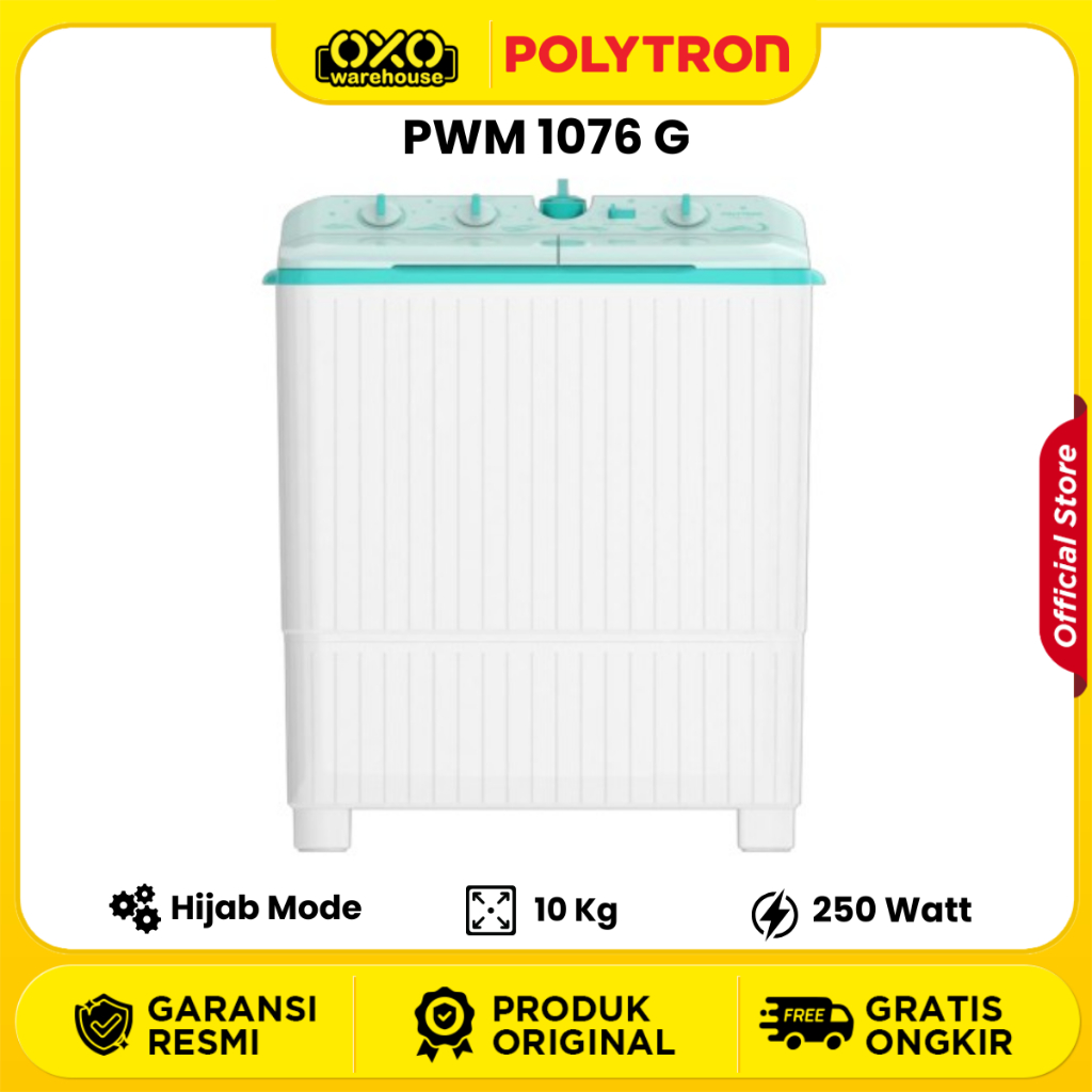 POLYTRON Mesin Cuci PWM 1076G 2 Tabung Giant Series Hijab 10 KG Low Watt Garansi Resmi