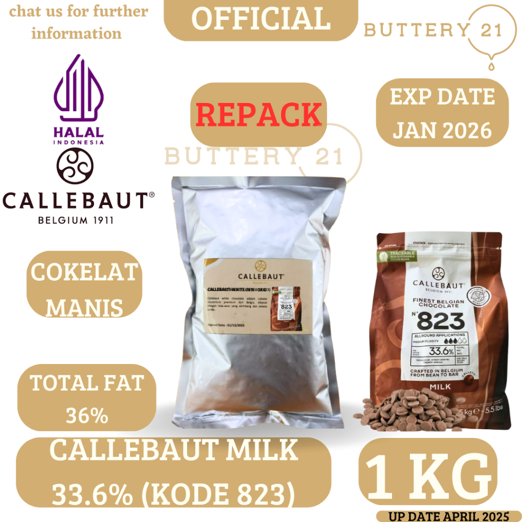

REPACK 1 KG CALLEBAUT 823 33,6% MILK CHOCOLATE COUVERTURE COKELAT