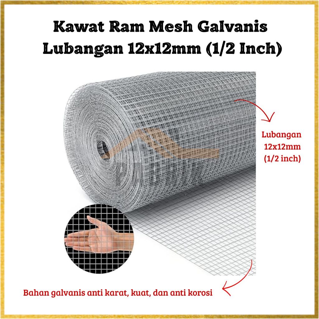 Kawat Ram Wiremesh Galvanis Lubangan 12x12 mm (1/2 Inch) | Ukuran Bervariasi