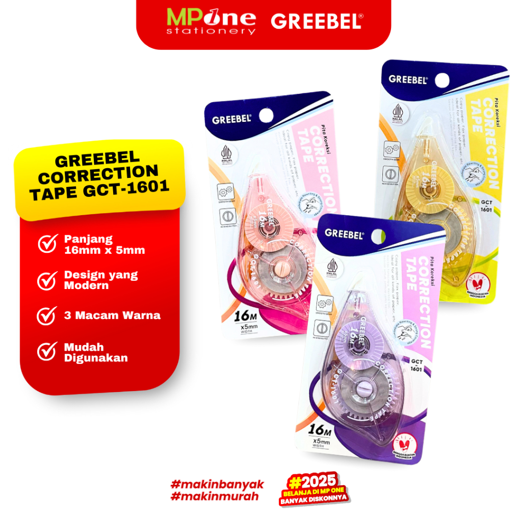 

Greebel Correction Tape 16mm x 5mm GCT-1601/ Tipe-x Kertas Roll Pita 16mm x 5mm / Pita Koreksi Pulpen GREEBEl GCT-1601