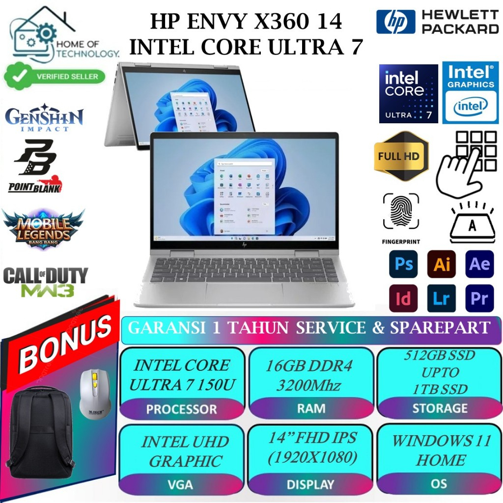 Laptop Flip HP Envy X360 14 INTEL CORE 7 150U 16GB 1TB SSD 14" Full HD IPS TOUCH BACKLIT FINGERPRINT